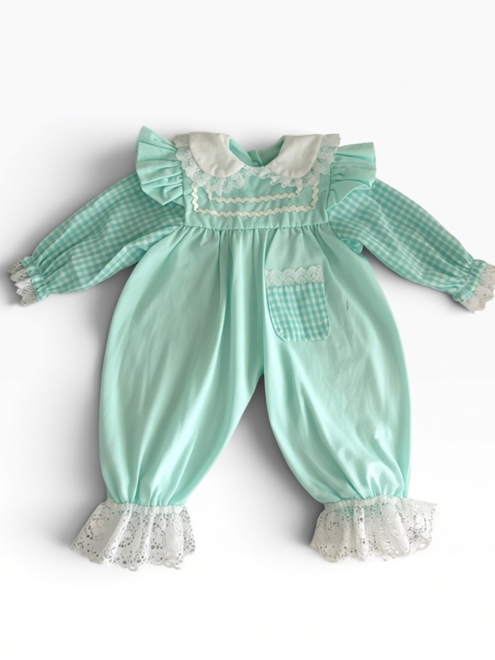 VTG Handmade Mint Green Ruffled Newborn Baby Romper with Lace Trim